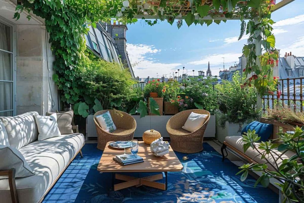 balcon avec treillis de plantes grimpantes