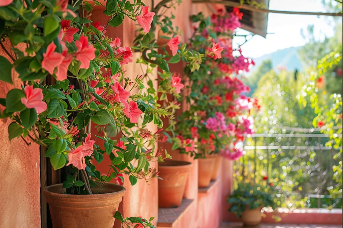 dipladenia dans des pots de terre cuite sur un balcon ensoleillé