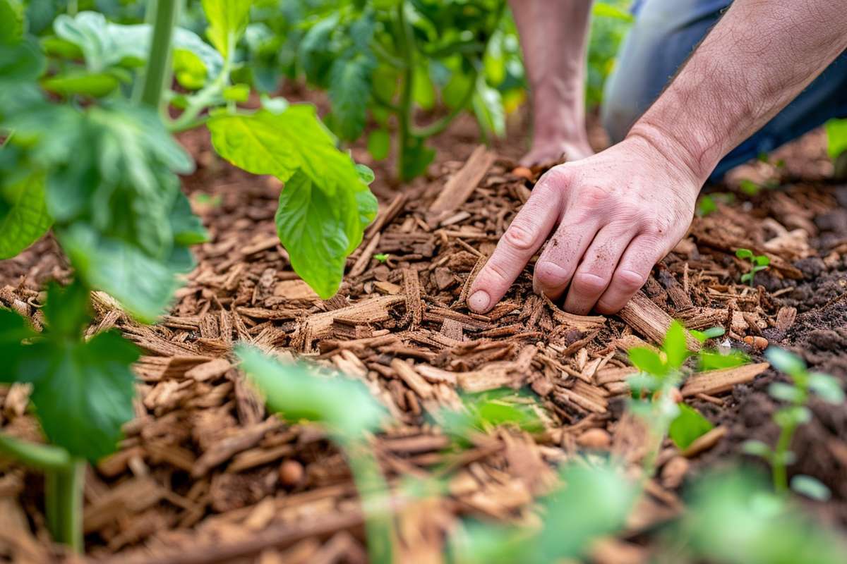 paillage aux pieds des tomates