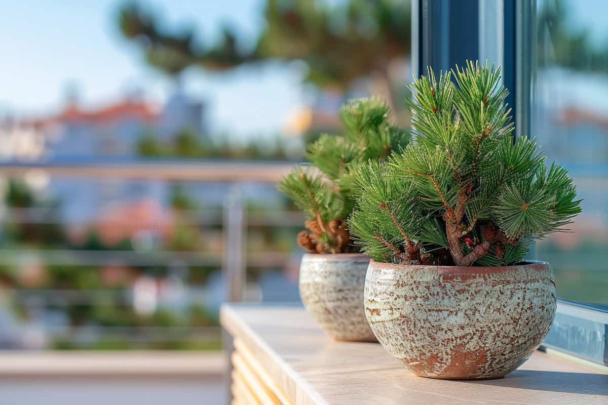 pot en céramique avec des pins nains sur un balcon