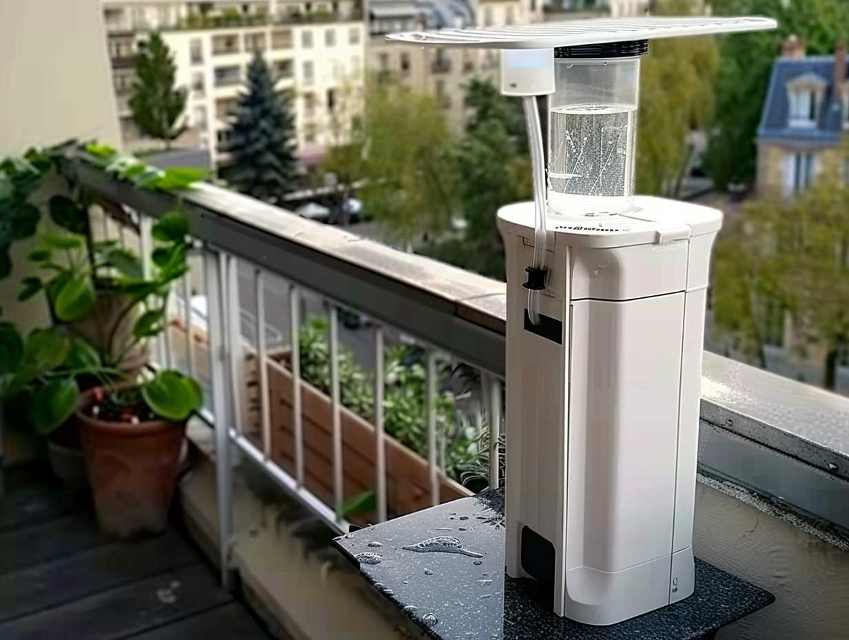 récupérateur d'eau de pluie sur balcon