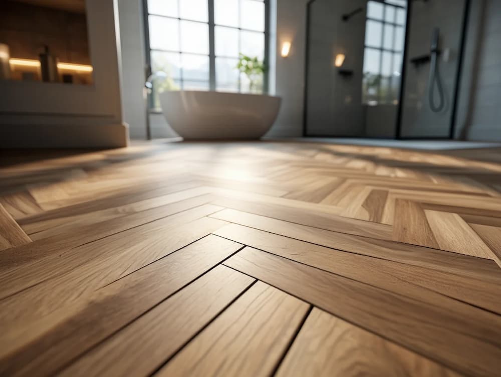 Vue en contre-plongée d’un parquet à chevrons en chêne clair, avec en arrière-plan flou une baignoire autoportante blanche et une cabine de douche à cadre noir dans une salle de bain moderne